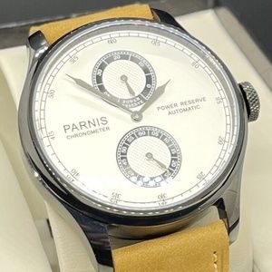 PARNIS 43mm White Dial Power Reserve Black PVD Coating Leather Automatic Watch